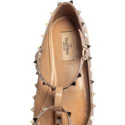 Pre Owned Valentino Metallic Rose Gold Leather Rockstud Ankle Strap Ballet Flats Size 40