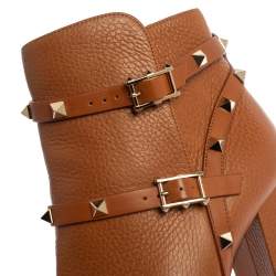 Pre Owned Valentino Tan Leather Rockstud Block Heel Ankle Boots Size 37