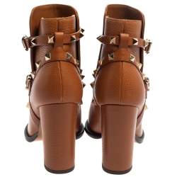 Pre Owned Valentino Tan Leather Rockstud Block Heel Ankle Boots Size 37