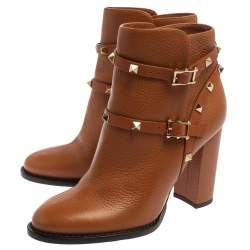 Pre Owned Valentino Tan Leather Rockstud Block Heel Ankle Boots Size 37