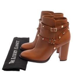 Pre Owned Valentino Tan Leather Rockstud Block Heel Ankle Boots Size 37