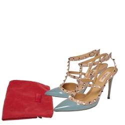 Pre Owned Valentino Gray/Beige Patent Leather Rockstud Ankle Strap Sandals Size 39