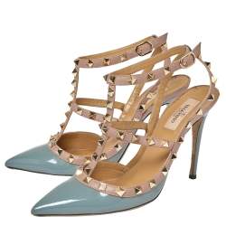 Pre Owned Valentino Gray/Beige Patent Leather Rockstud Ankle Strap Sandals Size 39