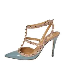 Pre Owned Valentino Gray/Beige Patent Leather Rockstud Ankle Strap Sandals Size 39