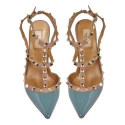Pre Owned Valentino Gray/Beige Patent Leather Rockstud Ankle Strap Sandals Size 39
