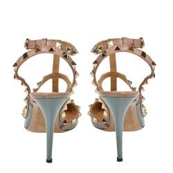 Pre Owned Valentino Gray/Beige Patent Leather Rockstud Ankle Strap Sandals Size 39
