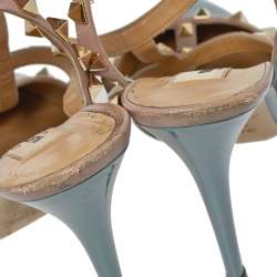 Pre Owned Valentino Gray/Beige Patent Leather Rockstud Ankle Strap Sandals Size 39