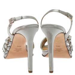 Valentino Light Grey Satin Crystal Embellished Slingback Sandals Size 39.5