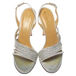 Valentino Light Grey Satin Crystal Embellished Slingback Sandals Size 39.5