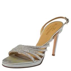 Valentino Light Grey Satin Crystal Embellished Slingback Sandals Size 39.5