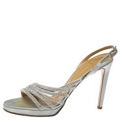 Valentino Light Grey Satin Crystal Embellished Slingback Sandals Size 39.5