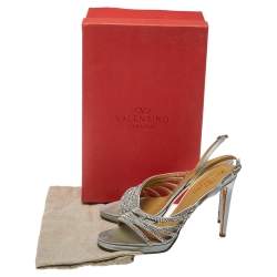 Valentino Light Grey Satin Crystal Embellished Slingback Sandals Size 39.5