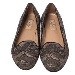 Pre Owned Valentino Black Glitter Lace Smoking Slippers Size 39