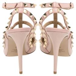 Pre Owned Valentino Pink Leather Rockstud Ankle Strap Sandals Size 38