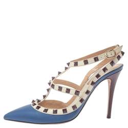 مملوكة مسبقًا صندل فالنتينو روكستد جلد أزرق بحزام للكاحل مقاس 38