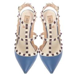 مملوكة مسبقًا صندل فالنتينو روكستد جلد أزرق بحزام للكاحل مقاس 38