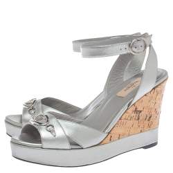 Pre Owned Valentino Metallic Silver Leather V Logo Platform Wedge Ankle Wrap  Sandals Size 38.5