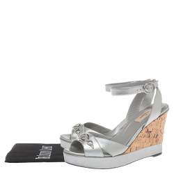 Pre Owned Valentino Metallic Silver Leather V Logo Platform Wedge Ankle Wrap  Sandals Size 38.5