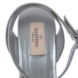 Pre Owned Valentino Metallic Silver Leather V Logo Platform Wedge Ankle Wrap  Sandals Size 38.5