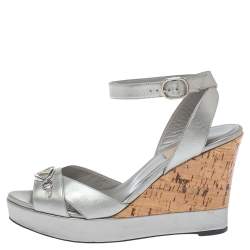 Pre Owned Valentino Metallic Silver Leather V Logo Platform Wedge Ankle Wrap  Sandals Size 38.5