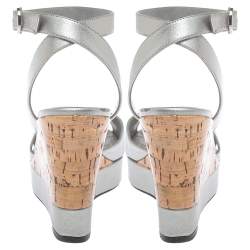 Pre Owned Valentino Metallic Silver Leather V Logo Platform Wedge Ankle Wrap  Sandals Size 38.5