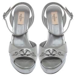 Pre Owned Valentino Metallic Silver Leather V Logo Platform Wedge Ankle Wrap  Sandals Size 38.5