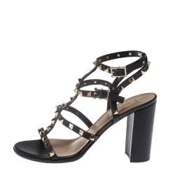 Pre Owned صندل فالنتينو جلد أسود روكستد بحزام للكاحل كعب مربع سميك مقاس 39.5