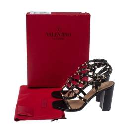 Pre Owned صندل فالنتينو جلد أسود روكستد بحزام للكاحل كعب مربع سميك مقاس 39.5