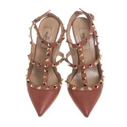 Pre Owned Valentino Brown Leather Rockstud Sandals Size 36