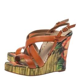 Pre Owned Valentino Brown Leather Cross Strap Wedge Sandals Size 39
