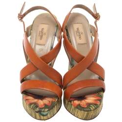 Pre Owned Valentino Brown Leather Cross Strap Wedge Sandals Size 39