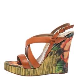 Pre Owned Valentino Brown Leather Cross Strap Wedge Sandals Size 39