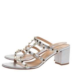 Pre Owned Valentino Silver Leather Rockstud Open Toe Slide Sandals Size 41