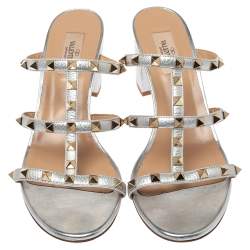 Pre Owned Valentino Silver Leather Rockstud Open Toe Slide Sandals Size 41