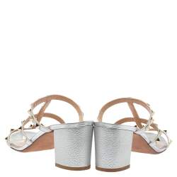 Pre Owned Valentino Silver Leather Rockstud Open Toe Slide Sandals Size 41