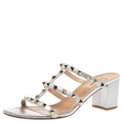 Pre Owned Valentino Silver Leather Rockstud Open Toe Slide Sandals Size 41
