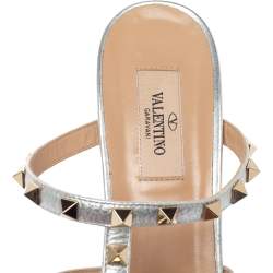 Pre Owned Valentino Silver Leather Rockstud Open Toe Slide Sandals Size 41