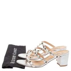 Pre Owned Valentino Silver Leather Rockstud Open Toe Slide Sandals Size 41