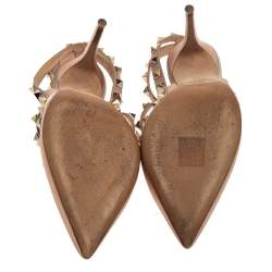 Pre Owned Valentino Metallic Rose Gold Leather Rockstud Ankle Strap Sandals Size 37.5