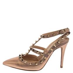 Pre Owned Valentino Metallic Rose Gold Leather Rockstud Ankle Strap Sandals Size 37.5