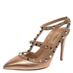 Pre Owned Valentino Metallic Rose Gold Leather Rockstud Ankle Strap Sandals Size 37.5