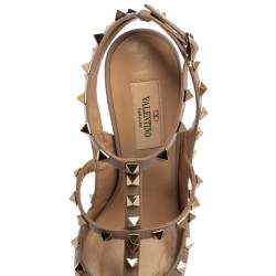 Pre Owned Valentino Metallic Rose Gold Leather Rockstud Ankle Strap Sandals Size 37.5