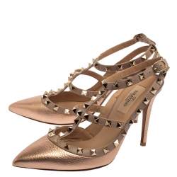 Pre Owned Valentino Metallic Rose Gold Leather Rockstud Ankle Strap Sandals Size 37.5