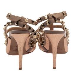 Pre Owned Valentino Metallic Rose Gold Leather Rockstud Ankle Strap Sandals Size 37.5