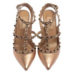 Pre Owned Valentino Metallic Rose Gold Leather Rockstud Ankle Strap Sandals Size 37.5