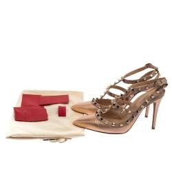 Pre Owned Valentino Metallic Rose Gold Leather Rockstud Ankle Strap Sandals Size 37.5