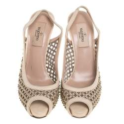 Pre Owned Valentino Beige Lattice Leather And Mesh Studded Slingback Platform Sandals Size 36