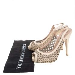 Pre Owned Valentino Beige Lattice Leather And Mesh Studded Slingback Platform Sandals Size 36