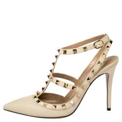 مملوكة مسبقًا Valentino Cream Leather Rockstud Ankle Strap Sandals Size 39