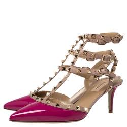 Pre Owned Valentino Pink Patent Leather Caged Rockstud Ankle Strap Sandals Size38.5